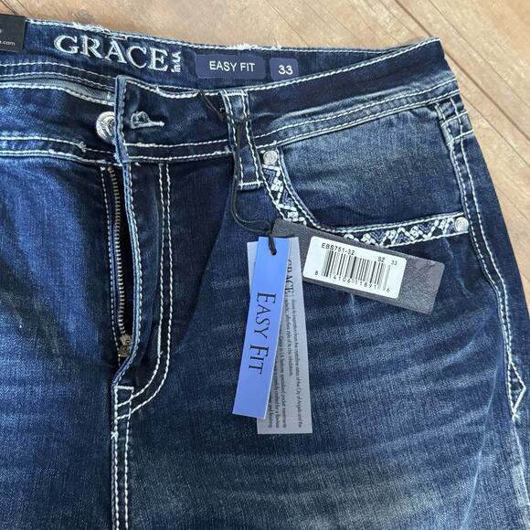 Grace in L.A. Easy Fit Bootcut Jeans Size 33 NWT Embroidered Rhinestone Pockets - Picture 5 of 10